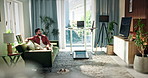 Relax, technology and timelapse with man on sofa in home living room for daly or weekend routine. Phone, tablet and watching tv with person in apartment for communication, social media or streaming