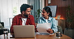 Happy, documents and couple on laptop for finance review, budget planning and savings for future. Marriage, home and man with woman on computer for financial report, online payment and mortgage bills