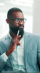 Reflection, decision and black man in office for planning, finance or investment for project. Glasses, thinking and financial manager with choice for business, career development or opportunity