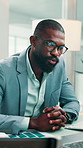 Businessman, consultant and video call with computer for online meeting or discussion in office. Black man, talking or explaining on technology for virtual chat, communication or webinar in workplace