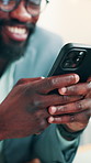 Hands, typing and business man with mobile in office for email, text or financial notification. Phone, banker and happy person in workplace for website, communication or investment with banking app