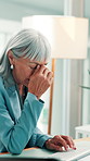 Headache, fatigue and mature businesswoman in office with burnout or frustration for creative project. Migraine, stress and female magazine editor with exhaustion for publishing in workplace.