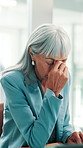 Migraine, stress and mature businesswoman in office with burnout or frustration for creative project. Headache, fatigue and female magazine editor with exhaustion for publishing in workplace.