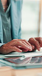 Hands, typing and research in office with computer, finance report and proposal for accounting plan. Accountant, person and browsing in workplace with desktop, keyboard and email for financial audit.