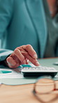 Woman, hands and calculator in office with data analysis, verification and check for financial audit. Accountant, person and typing in workplace with finance calculation, graphs or statistics review.