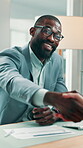 Meeting, man or handshake with contract in office, joint venture agreement or partnership commitment. Capital contribution plan, teamwork or people shaking hands for deal, profit opportunity or smile