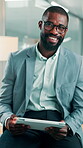 Face, glasses and businessman with tablet, office and happy with finance trends, research and online. Economist, smile and black person with tech for economic forecasting, info and investment report