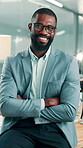 Happy, face and businessman with arms crossed, office and recruiter with glasses, pride or ambitious. Confident, headhunter and black person with eyewear and talent acquisition in recruitment agency