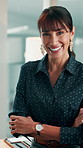 Business, happy woman or portrait with confidence in office for career pride or development. Female person, employee or smile with arms crossed for job opportunity, improvement or growth in workplace