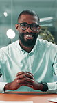 Face, hands together and black man in office, investor and smile for career ambition. African person, corporate professional or happy broker in workplace, confidence and pride for investment strategy