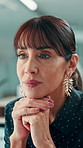 Thinking, decision and business woman in office for planning, finance or investment for project. Ideas, reflection and mature financial manager with choice for career development or opportunity
