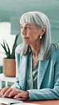 Typing, idea and business woman in office for planning, finance or investment for project. Problem solving, reflection and mature financial manager with choice for career development or opportunity