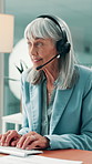 Call center, telemarketing and woman with computer, talking and lead generation for insurance. Headset, smile and mature agent with tech for typing, policy premium and speaking to customer for sales