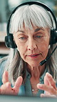 Call center, telemarketing and woman with computer, speaking and lead generation for insurance. Headset, hotline and mature agent with technology, policy premium and talking to customer for sales
