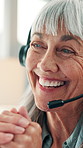 Call center, sales and happy woman talking in office for lead generation, telesales or insurance. Headset, smile and mature agent at work, policy premium and speaking to customer for telemarketing
