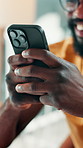 Phone, hands and businessman in office with texting, communication or email for creative project. Technology, typing and male magazine editor with cellphone for contact with publishing feedback.