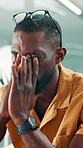 Eye strain, glasses or black man in office with computer, tired or headache in task management. Screen fatigue, tech or employee in agency with specs, migraine or vision discomfort in deadline issue
