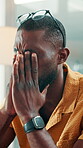 Eye strain, glasses or black man in office with headache, brain fog or tired in task management. Screen fatigue, vertigo or employee with specs, migraine or vision discomfort in deadline issue.
