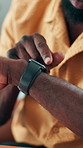 Office, touchscreen and hands of man with watch for online schedule, calendar and agenda. Creative, closeup and person with tech for clock for time management, task reminder and project deadline