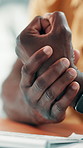 Hands, typing and injury with wrist pain at office for carpal tunnel, computer and graphs at startup. Person, pc and joint inflammation with sore muscle, arthritis or fibromyalgia at digital agency