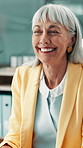 Smile, reflection and business woman in office for event planning, insight or problem solving. Thinking, mature person and organizer in workplace for venue coordination, idea and vision with decision