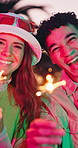 Selfie, nature and couple with sparklers, smile and celebration for New Years party. Outdoor, man and happy woman with vacation, relationship and capture moment for memory, profile picture and love