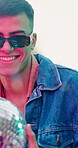 Dance, face or man at party with disco ball, song connection or good time at social gathering. Portrait, happy or male person with fun, music entertainment or feeling beat at celebration event.