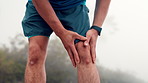 Hands, leg injury and knee pain with massage for training, workout or exercise accident. Sports, fitness and athlete man or runner with fibromyalgia, inflammation or arthritis for jog on mountain