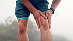 Hands, knee injury and joint pain with massage for training, workout or exercise accident. Sports, fitness and athlete men or runner with fibromyalgia, inflammation or arthritis for jog on mountain