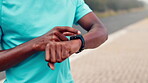 Fitness, hands and man with smart watch outdoor for pace timer, start running and track performance. Runner, person and set stopwatch in nature for workout app, monitor heart rate and cardio progress