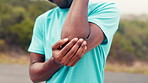 Hands, elbow injury and joint pain with massage for training, workout or exercise accident. Sports, fitness and athlete man or runner with fibromyalgia, inflammation or tension for jog on mountain