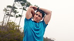 Man, stretching arms and fitness on mountain with breathing, flexibility or wellness in morning. Person, runner and warm up for triceps with circulation, muscle and prepare for exercise in nature