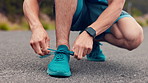 Outdoor, hands and tying shoes lace for fitness, getting ready and safety measure for training. Start workout, man or runner tie sneaker for exercise preparation, body development or wellness on road