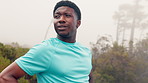 Black man, thinking and break with fitness in forest for breathing, reflection and tired in nature. African person, outdoor and perspective in woods for trail running, view or exhausted with exercise
