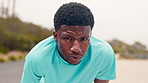 Face, athlete and man on road, sweating and recovery after exercise routine, rest and tired on break. Outdoor, runner and black person with fatigue, breathing and workout for wellness or fitness