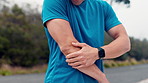 Hands, joint injury and elbow pain with massage for training, workout or exercise accident. Sports, fitness and athlete man or runner with fibromyalgia, inflammation or tension for jog on mountain