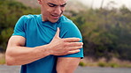 Hands, shoulder pain and joint injury with massage for training, workout or exercise accident. Sports, fitness and athlete man or runner with fibromyalgia, inflammation or tension for jog on mountain