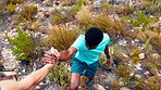Mountain, hiking and friends with help for fitness, training and exercise for adventure in nature. Athlete, outdoor and people with support for workout, trekking and challenge for health or wellness