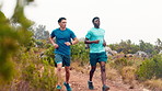 Training, friends and men in nature for running, exercise and cardio workout for wellness. Athlete, mountain and people on outdoor trail with active hobby for health, endurance and runner challenge