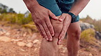 Hands, leg strain and knee pain with massage for training, workout or exercise accident. Sports, fitness and athlete man or runner with fibromyalgia, inflammation or arthritis for jog on mountain