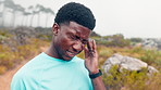 Black man, fitness and headache with vertigo in nature for overworked exercise or strain. Frustrated, male person or migraine with sore head or massage for dizziness, accident or outdoor injury
