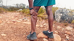 Hands, legs cramp and muscle pain with massage for training, workout or exercise accident. Sports, fitness and athlete man or runner with fibromyalgia, inflammation or arthritis for jog on mountain