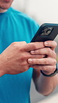 Phone, hands and man in nature for fitness with texting, communication or chatting on mobile app. Technology, sports and male person with cellphone for online workout, exercise or training outdoor.
