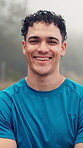 Fitness, rain and face of man outdoor for cardio exercise, wellness dedication or practice. Mist, male athlete and happy in nature for morning workout, sport discipline or confidence for health goals