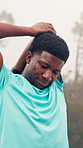 Mountain, stretching and black man for fitness, exercise and workout for health or mobility. Sports, runner and person with warm up to start training, active hobby or practice for challenge in nature