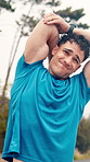 Running, stretching and man in nature for fitness, exercise and workout for health or mobility. Sports, runner and person with warm up to start training, active hobby and practice for challenge