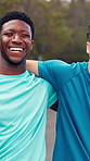 Team, runner and face of men in nature for fitness, exercise  partner and health routine. Workout, wellness and cardio with friends training at outdoor for sports athlete, challenge and support