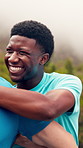 Happy, handshake and men in nature for exercise, fitness and cardio workout together with support. Friends, athlete and people with gesture and hug for motivation after training, wellness and health