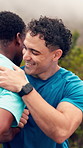 Happy, handshake and friends in nature for exercise, fitness and cardio workout together with support. Bonding, athlete and men with gesture and hug for motivation after training, wellness and health