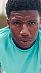 Black man, face and tired with sweat for fitness on break, exhausted and outdoor for wellness in summer. Person, fatigue and burnout in portrait at park for rest, breathe and exercise in Nigeria